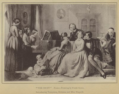 Het Duet, naar een schilderij van Frank Stone, met Tennyson, Dickens en Miss Hogarth door English School