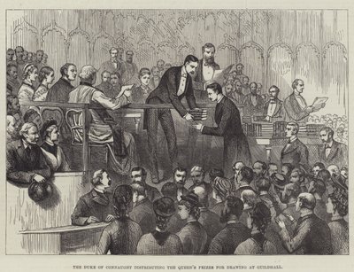 De hertog van Connaught deelt de prijzen van de koningin uit voor tekenen in Guildhall (gravure) door English School