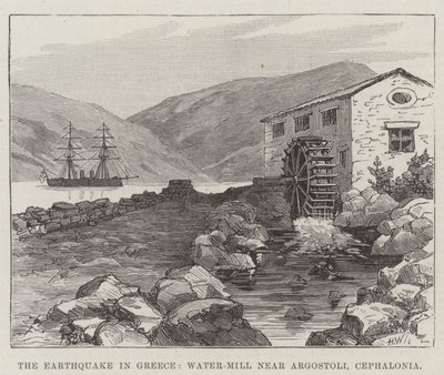 De Aardbeving in Griekenland, Watermolen bij Argostoli, Cephalonia door English School