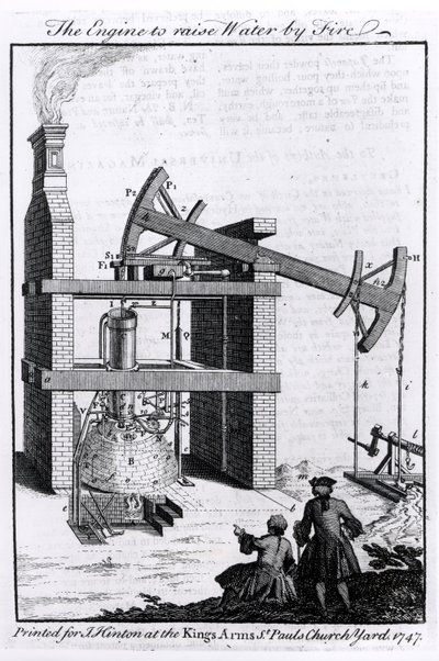 De machine om water door vuur op te heffen, een diagram van Newcomens stoommachine voor het Universal Magazine, 1747 door English School