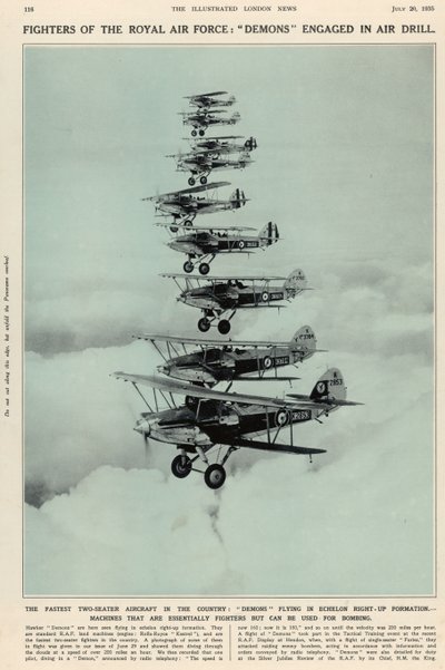 Het snelste tweezitsvliegtuig in het land: Demons vliegen in echelon formatie, uit The Illustrated London News Royal Naval and Military Number, 20 juli 1935 door English School