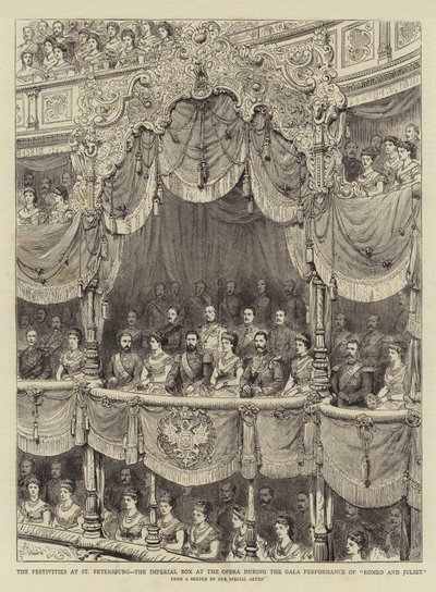 De festiviteiten in Sint-Petersburg, de keizerlijke loge in de opera tijdens de galavoorstelling van "Romeo en Julia" (gravure) door English School