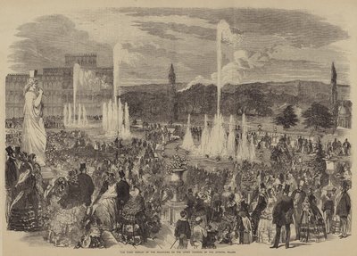 De eerste vertoning van de fonteinen op het bovenste terras van het Crystal Palace (gravure) door English School