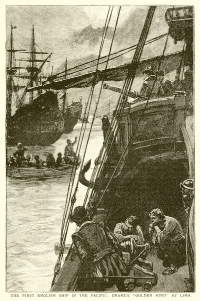 Het eerste Engelse schip in de Stille Oceaan: Drakes Golden Hind in Lima door English School
