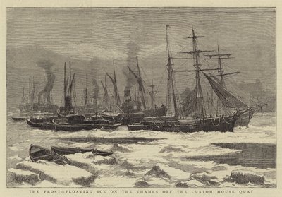 De Vorst, drijvend IJs op de Theems bij de Custom House Quay (gravure) door English School