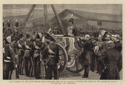 De begrafenis van wijlen prins Louis Napoleon, de hertog van Bassano, die het kruis van het Legioen van Eer aan de lijkwade bevestigt, in Woolwich door English School