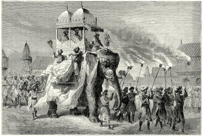 De Gaikwar Olifant in de Grote Sowari in Baroda (gravure) door English School