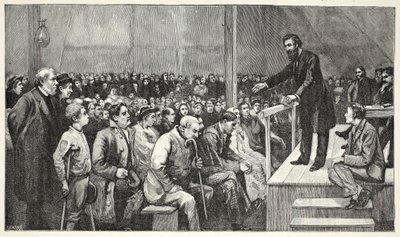 De generaal spreekt een bijeenkomst toe in de tent op de Quaker-begraafplaats door English School