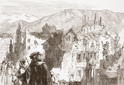 De Genevenaren vernietigen de buitenwijken van hun stad, illustratie uit De Geschiedenis van het Protestantisme door James Aitken Wylie, gepubliceerd in 1878 door English School