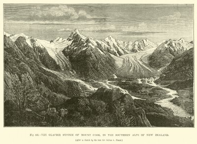 Het gletsjersysteem van Mount Cook, in de Zuidelijke Alpen van Nieuw-Zeeland door English School