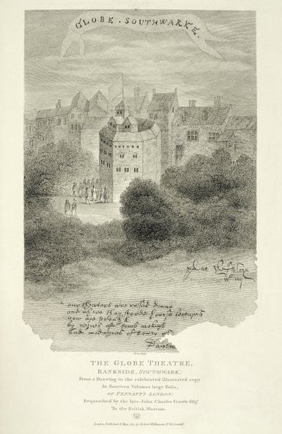 Het Globe Theatre, Bankside, Southwark, naar een tekening uit Pennants Londen, voor het eerst gepubliceerd 1793, gegraveerd door James Stow (c.1770-p.1820), gepubliceerd 1812 door English School