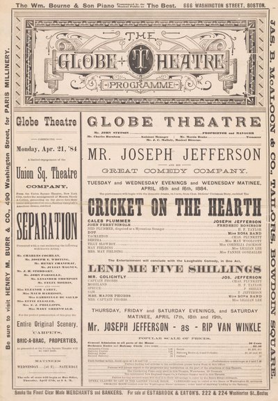 Het Globe Theatre Programma, 21 april 1884 door English School