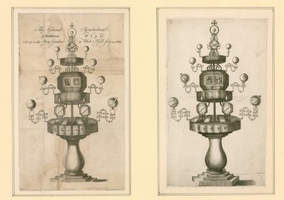 De Grote Piramidale en Multiforme Zonnewijzer opgesteld in de Privy Garden in Whitehall, 24 juli 1669 door English School