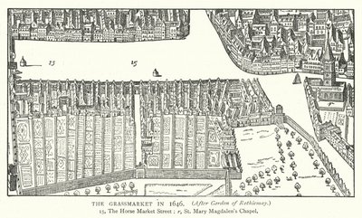 De Grassmarket in 1646 (gravure) door English School
