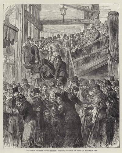 De Grote Ramp op de Thames, het Aan Wal Brengen van de Doden bij Woolwich Pier (gravure) door English School