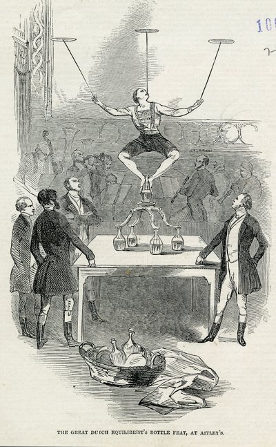 De Grote Nederlandse Evenwichtskunstenaars Fles Stunt bij Astleys, illustratie uit de Illustrated London News, 1846 door English School