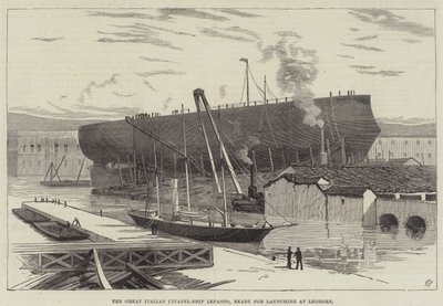 Het grote Italiaanse citadel-schip Lepanto, klaar voor tewaterlating in Livorno door English School