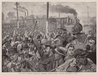 De grote spoorwegstaking in Chicago, de Amerikaanse cavalerie verjaagt een menigte (litho) door English School