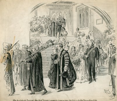De Guildhall, Londen, Banket: de Lord Mayors processie die van de Bibliotheek naar de Banketzaal gaat door English School
