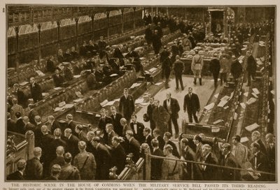 De historische scène in het Lagerhuis toen de Military Service Bill zijn derde lezing passeerde door English School