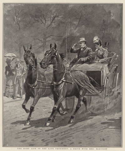 Het huiselijke leven van de overleden president, een rit met mevrouw McKinley (litho) door English School