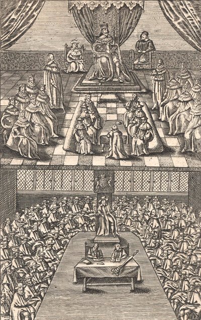 Het Hogerhuis en Lagerhuis onder Koning Karel I, ca. 1640 door English School