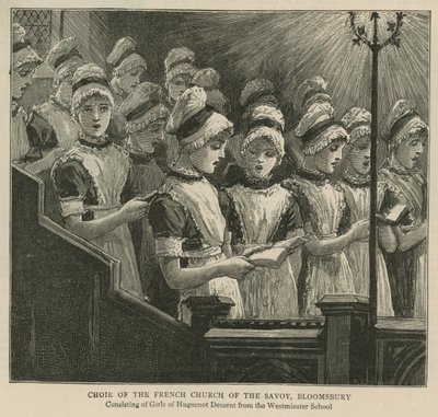 De Hugenoten in Engeland: Koor van de Franse Kerk van de Savoye, Bloomsbury door English School