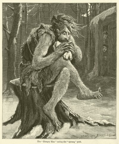 De "Hongerige Man" die het "verende" varkensvlees eet (gravure) door English School