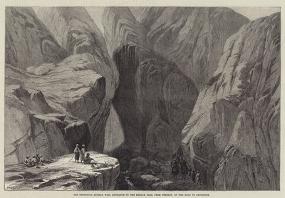 De dreigende Afghaanse oorlog, ingang van de Khojak-pas, vanaf Pershin, op de weg naar Candahar (gravure) door English School