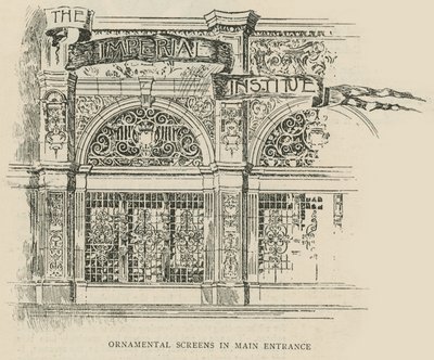 Het Imperial Institute: Decoratieve schermen bij de hoofdingang door English School