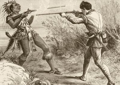 Het Indiaanse opperhoofd Paugus wordt gedood door een Engelse militieman (litho) door English School