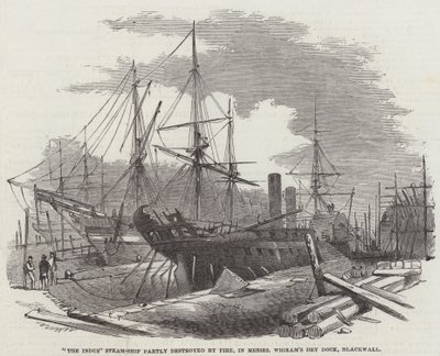 "The Indus" stoomschip gedeeltelijk verwoest door brand, in de droogdok van Messers Wigram, Blackwall door English School