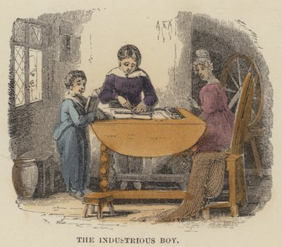 De ijverige jongen (gekleurde gravure) door English School