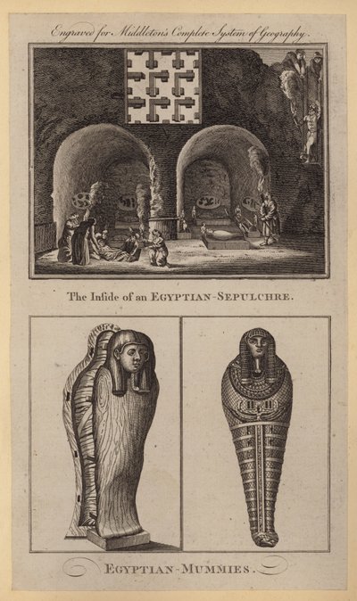 De binnenkant van een Egyptisch graf, Egyptische mummies (gravure) door English School