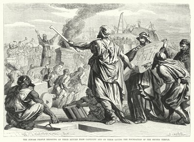 Het Joodse volk viert hun terugkeer uit ballingschap en het leggen van de fundamenten van de Tweede Tempel (gravure) door English School