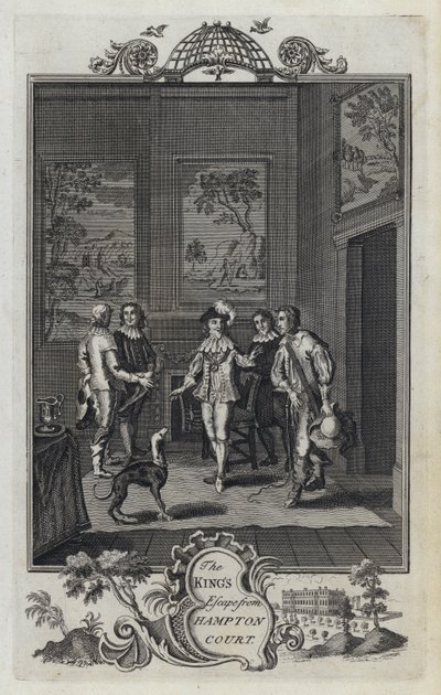 De ontsnapping van de koning uit Hampton Court (gravure) door English School