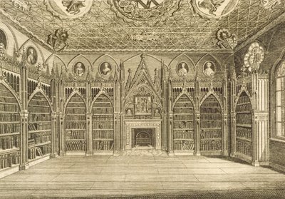 De bibliotheek, gegraveerd door Godfrey, uit Beschrijving van Strawberry Hill door Horace Walpole, 1784 door English School