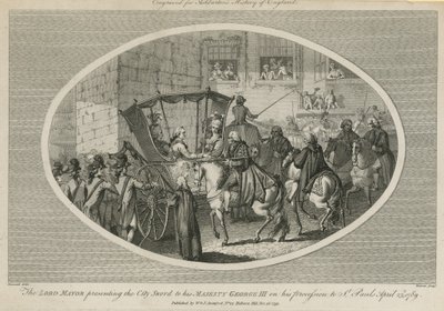 De burgemeester die het stadzwaard aan Zijne Majesteit George III presenteert door English School