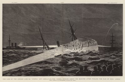 Het Verlies van de Ankerlijn SS "Utopia" bij Gibraltar, het Schip zinkt ongeveer tien minuten na het raken van de Ram van HMS "Anson" door English School
