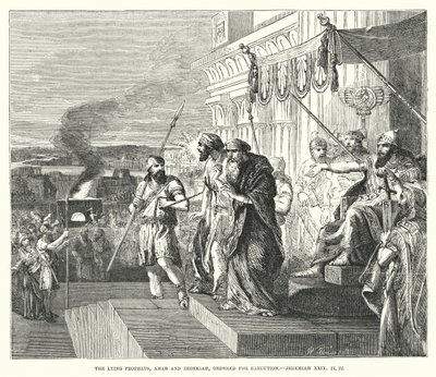 De leugenachtige profeten, Achab en Zedekia, ter executie bevolen, Jeremia XXIX, 21, 22 (gravure) door English School