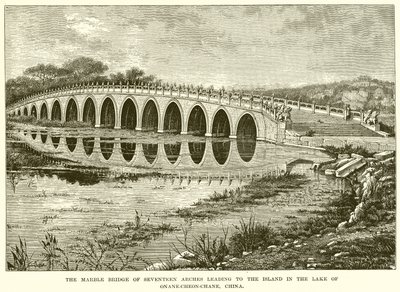 De marmeren brug met zeventien bogen die leidt naar het eiland in het meer van Onane-Cheon-Chane, China (gravure) door English School