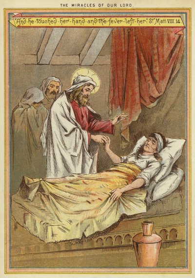 De wonderen van Christus: genezing van de schoonmoeder van Petrus van koorts (chromolitho) door English School