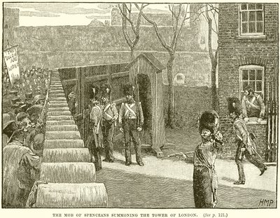 De menigte van Spenceanen die de Tower of London oproepen door English School