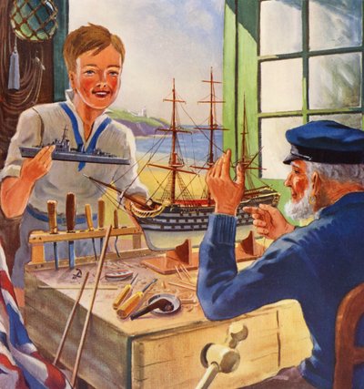 The Nelson Touch, oude en jonge scheepsmodelbouwers (kleurenlitho) door English School