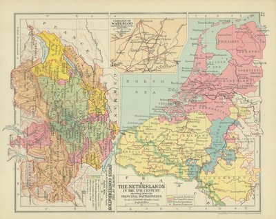 Nederland in de XVII Eeuw met de belangrijkste slagvelden (kleurenlitho) door English School
