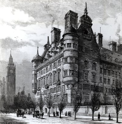 De nieuwe politiebureaus aan de Victoria Embankment, gegraveerd door H.W.B., gepubliceerd in 