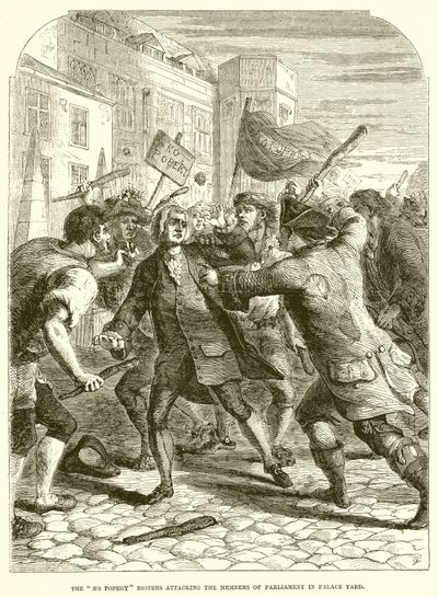 De No Popery relschoppers vallen de parlementsleden aan in Palace Yard door English School