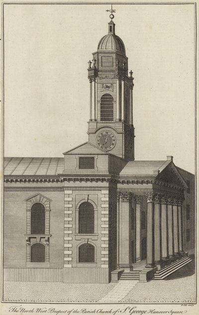 Het noordwestelijke aanzicht van de parochiekerk van St George, Hanover Square, Londen door English School