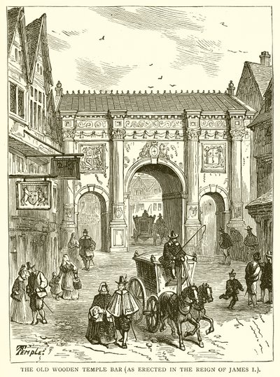 De Oude Houten Temple Bar (opgericht tijdens het Regeer van Jacobus I) door English School