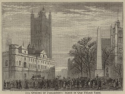 De opening van het parlement, scène in Old Palace Yard (gravure) door English School